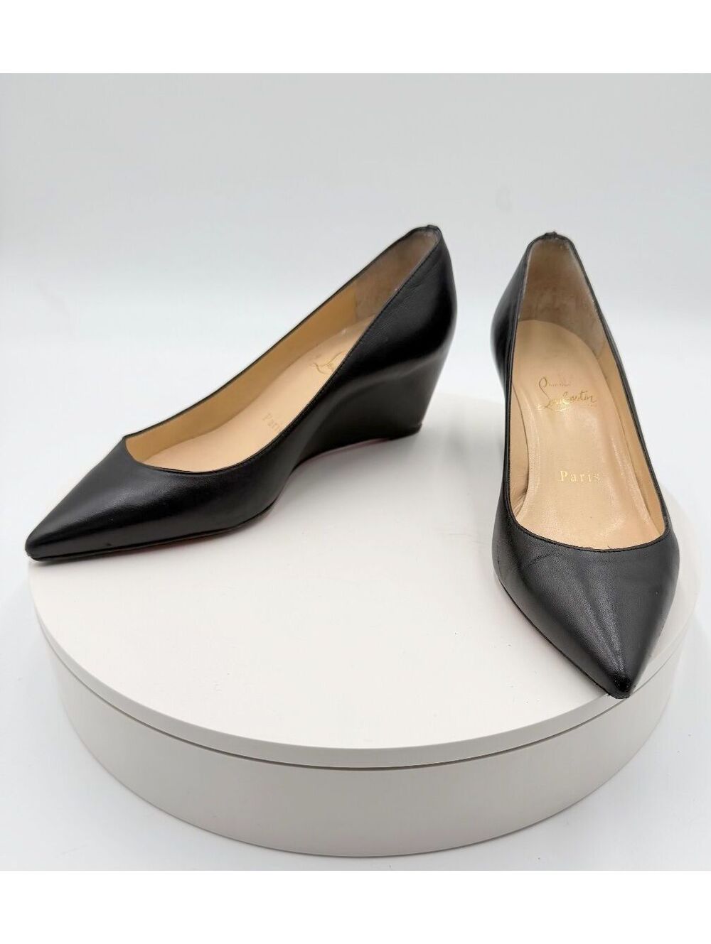 Christian Louboutin Pipina 55 Black Nappa Leather Pointed Toe Wedge Pumps 36.5